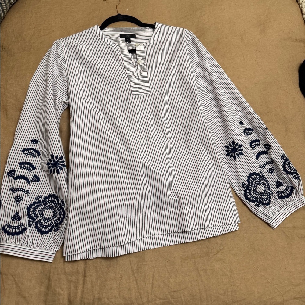 J. Crew embroidered cotton red and navy Striped Blouse with statement bow